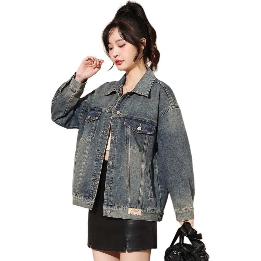 Tonlion Denim Jackets Women's Vintage Blue Lapel Moderate Straight Fit