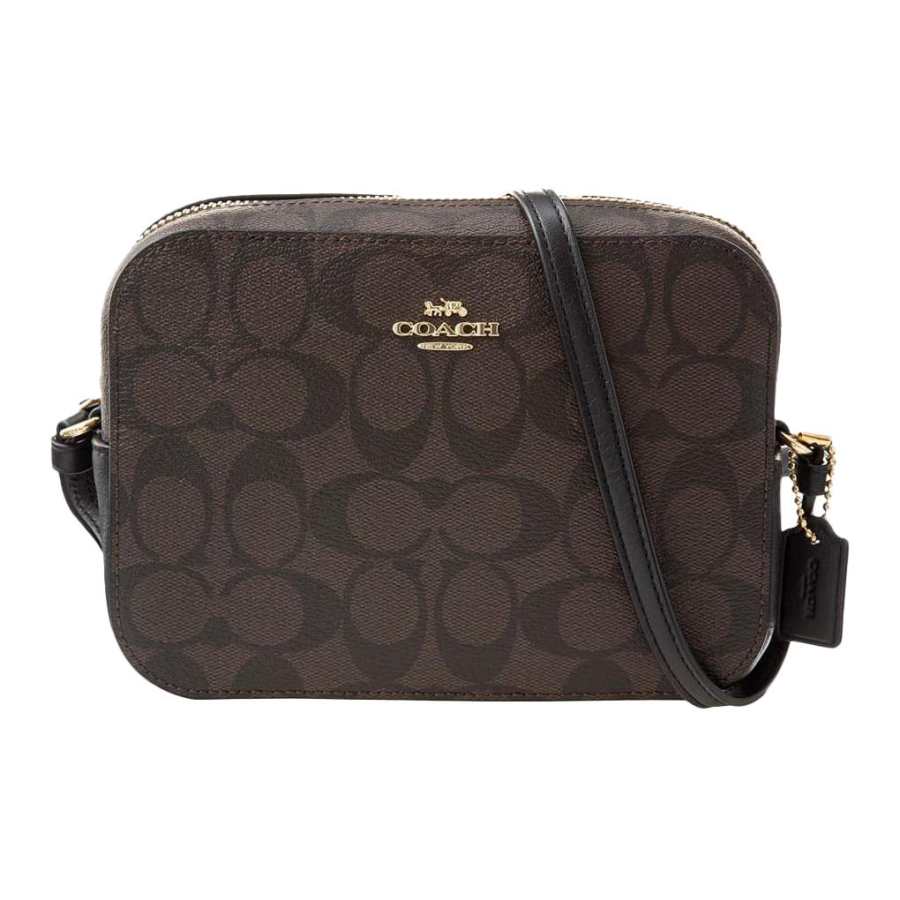 COACH Camera Coated Canvas With Leather Camera Bag, Small Square Bag, Crossbody Bag, Shoulder Bag Women's Dark Brown