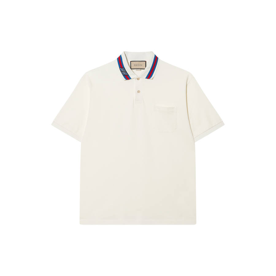 GUCCI Decorated Square Gg Pearl Cotton Polo Shirt T Shirt Men's Ecru