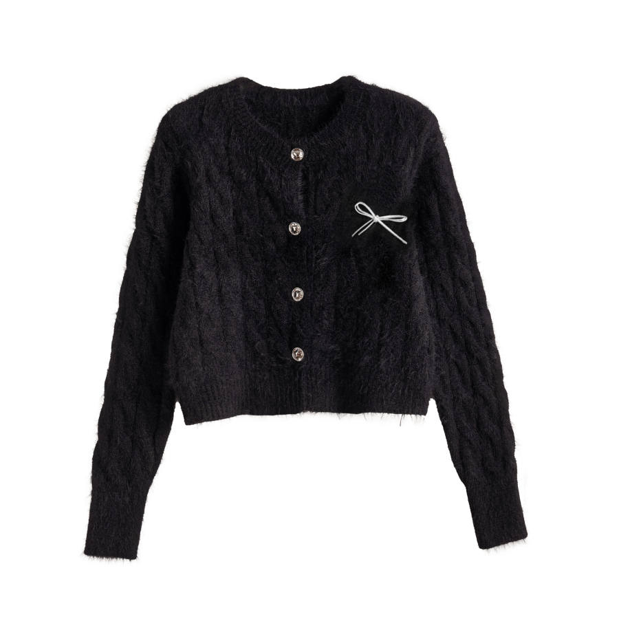 Tonlion Knitwear Women's Black Crew Neck Moderate Cardigan
