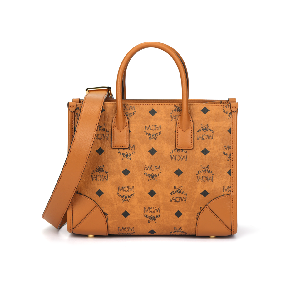 MCM München Coated Canvas With Nappa Leather Trim Handbag Small Women's Brown & Cognac