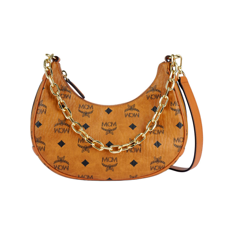 MCM Aren Canvas Shoulder Bag Small Women's Brown & Cognac