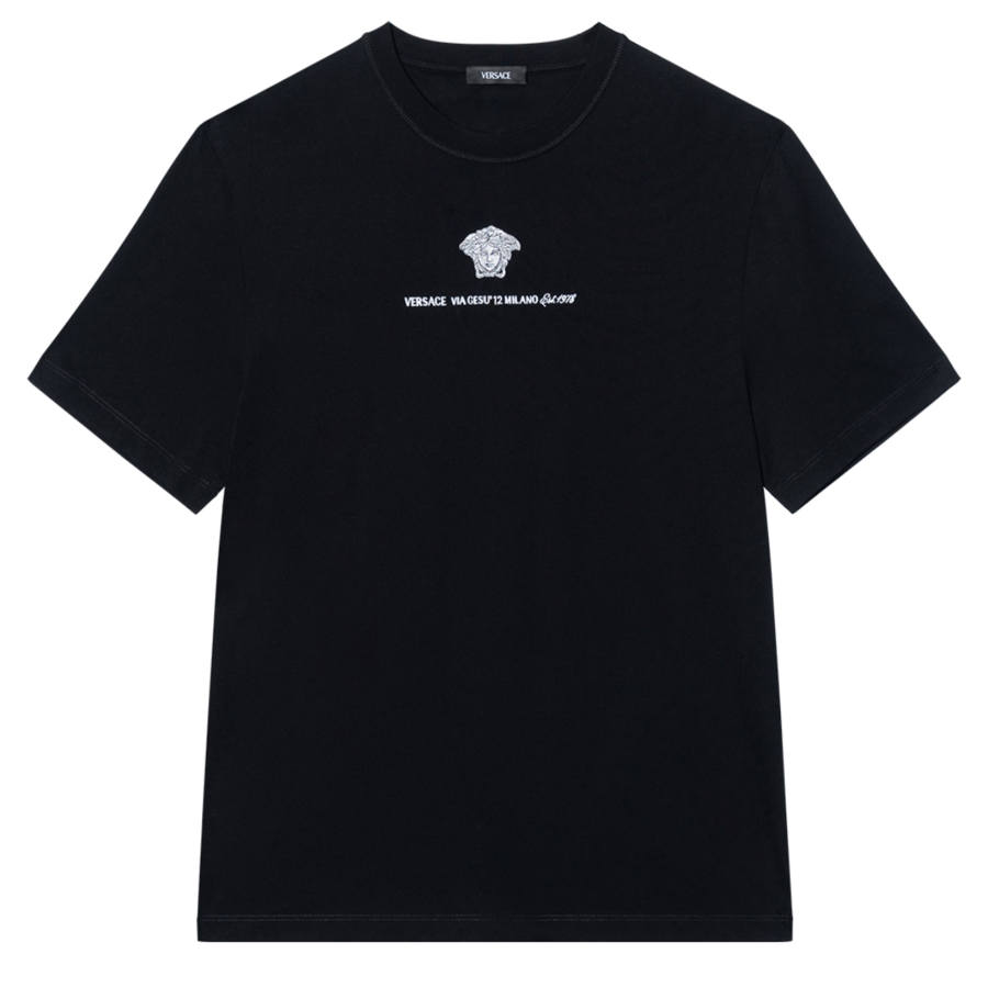 VERSACE Solid Color Letter Logo Embroidered Crew Neck Short Sleeved SS24 T Shirt Men's Black