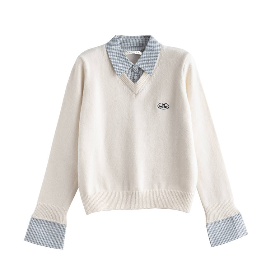 Tonlion Knitwear Women's White Tone Polo Collar Moderate Mock Two Piece