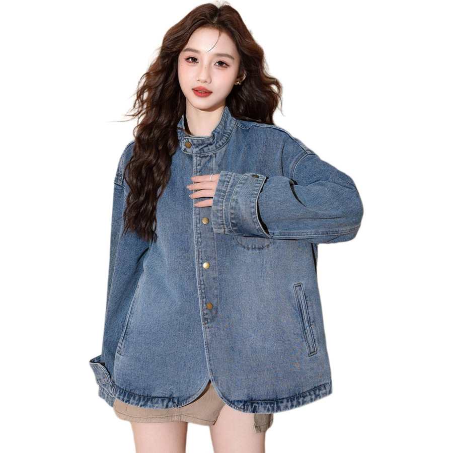 Tonlion Denim Jackets Women's Vintage Blue Stand Collar Moderate Straight Fit