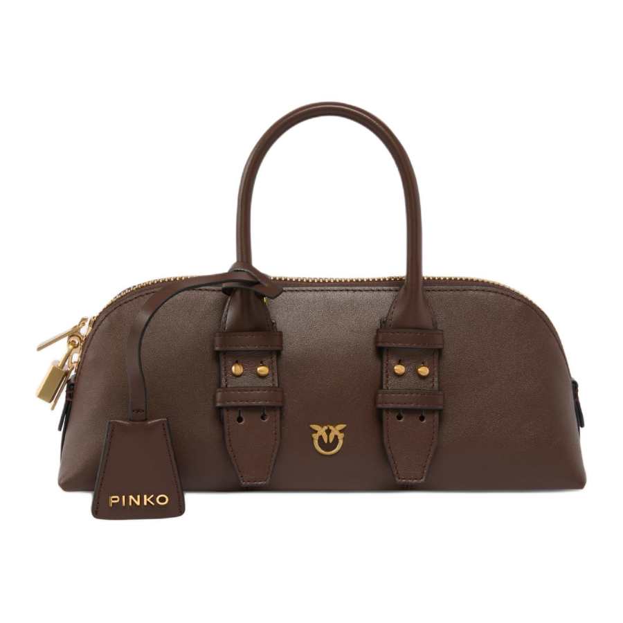 PINKO Cow Leather Bowling Bag, Shoulder Bag, Handbag Small Women's Umber