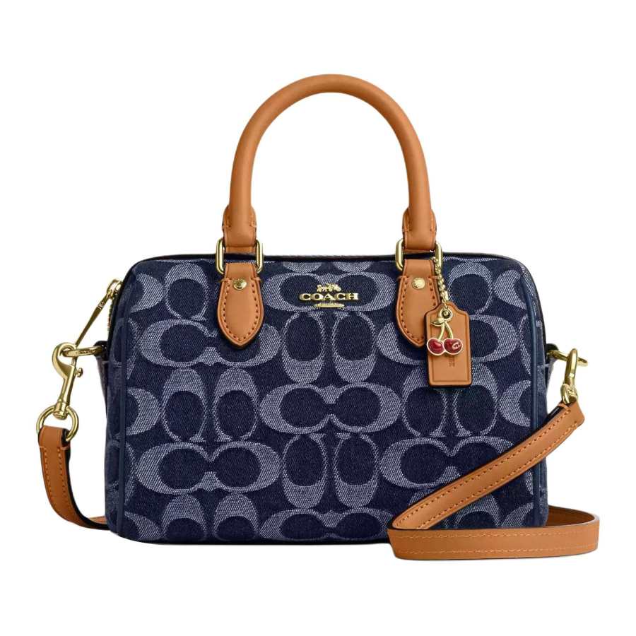COACH Rowan Fabric Boston Bag, One Shoulder Handbag Small Women's Denim Blue