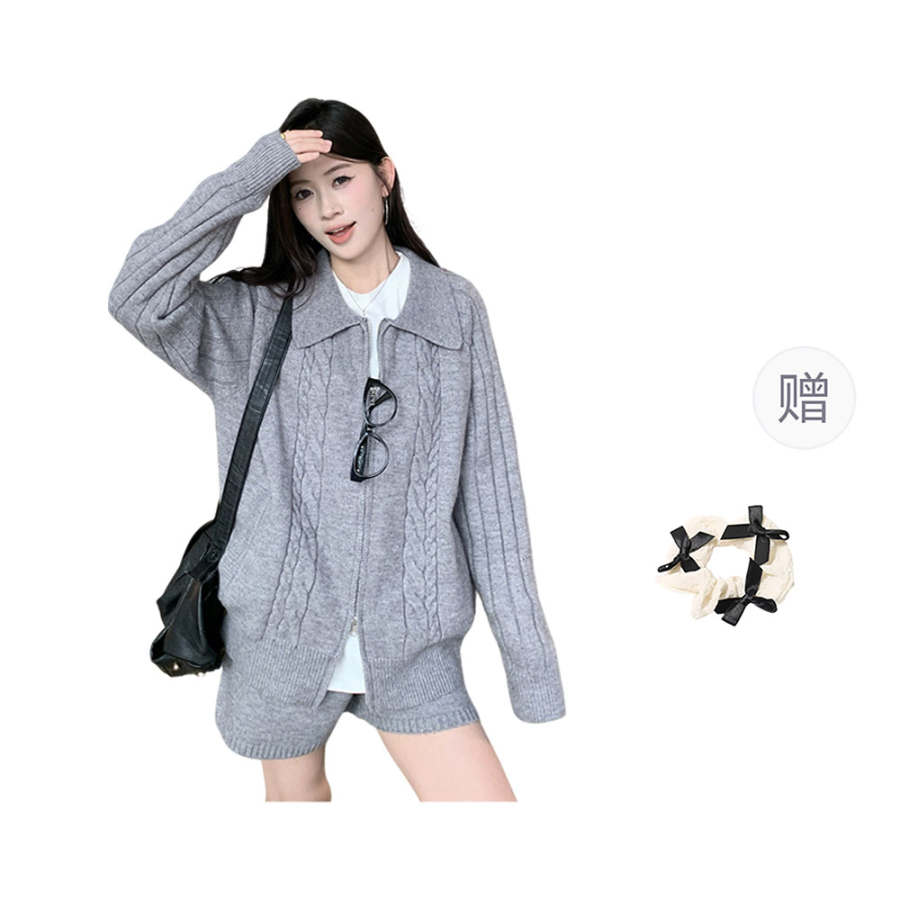 CPAURA Knitwear Women's Gray+Bowknot Hair Tie Comes With Lapel Moderate Cardigan