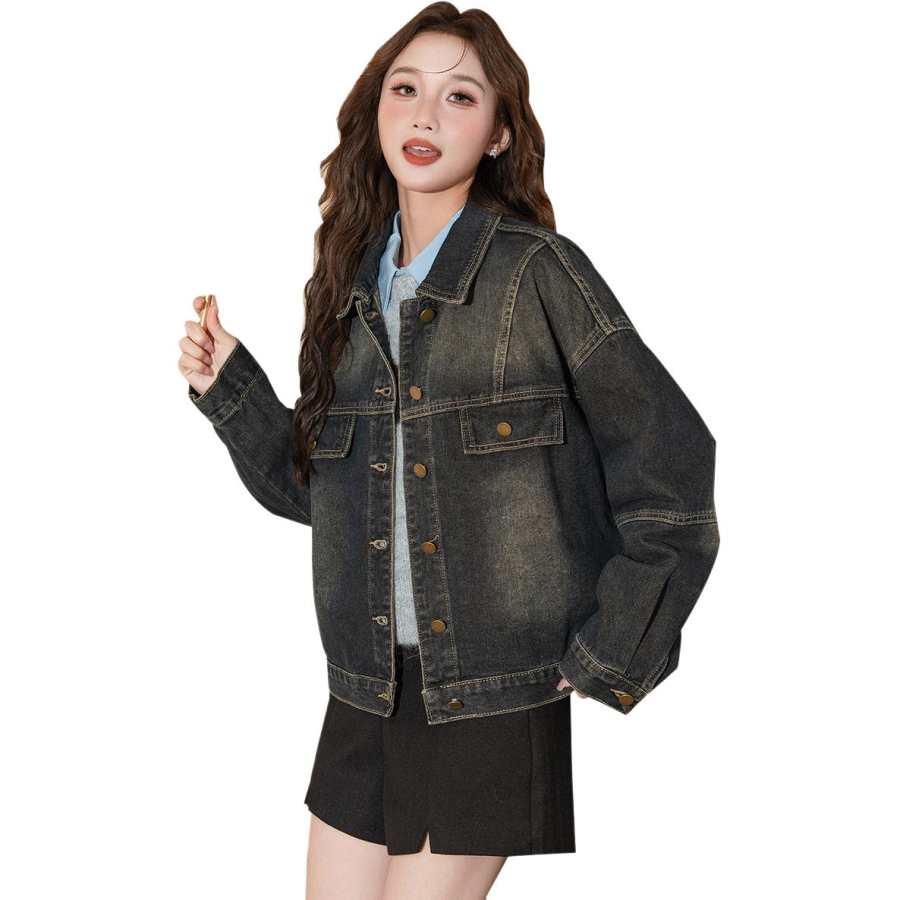 Tonlion Denim Jackets Women's Black Gray Color Lapel Moderate Straight Fit