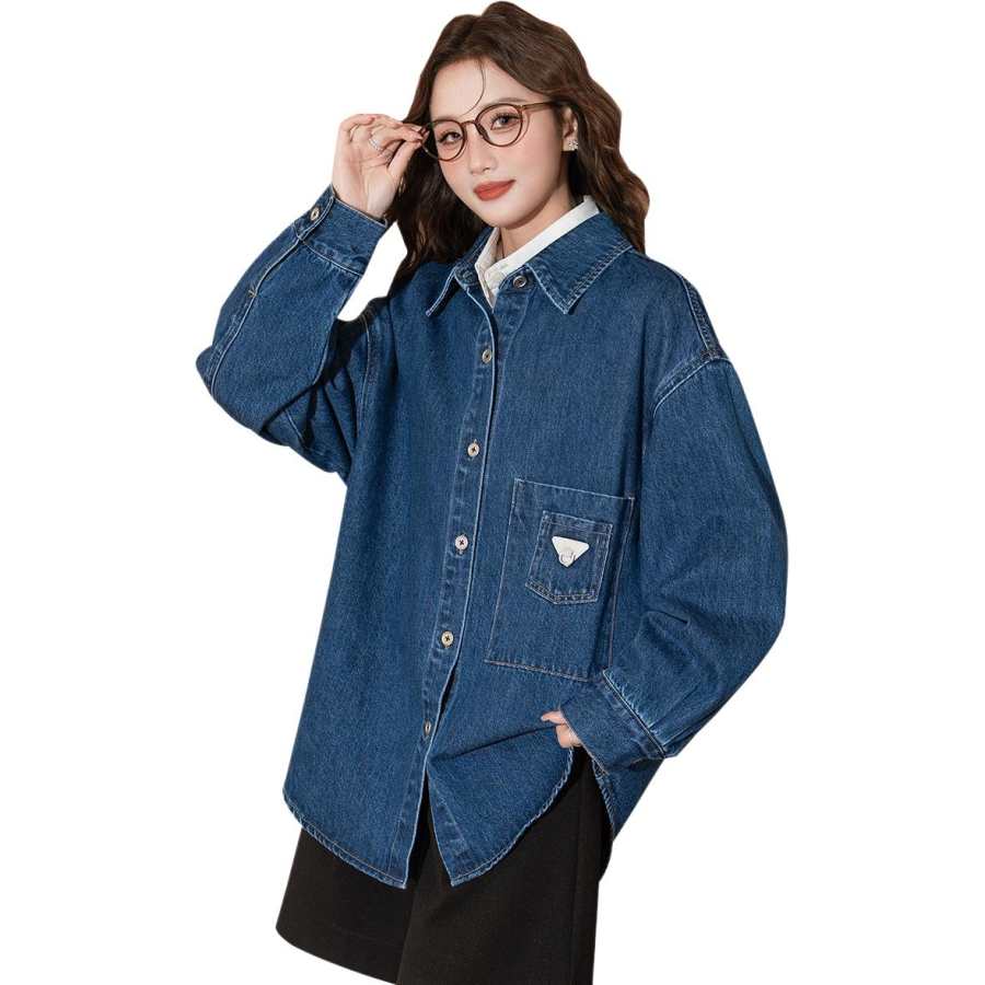 Tonlion Shirts Women's Medium Blue Lapel Moderate Denim
