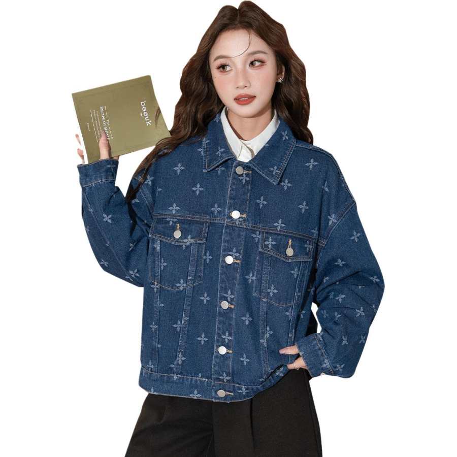 Tonlion Denim Jackets Women's Dark Blue Lapel Moderate Straight Fit