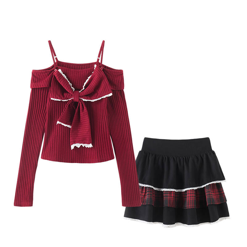 FABRIC PIG Two Piece Skirt Sets Women's Red Top+Black Short Skirt Boat Neck Moderate Short