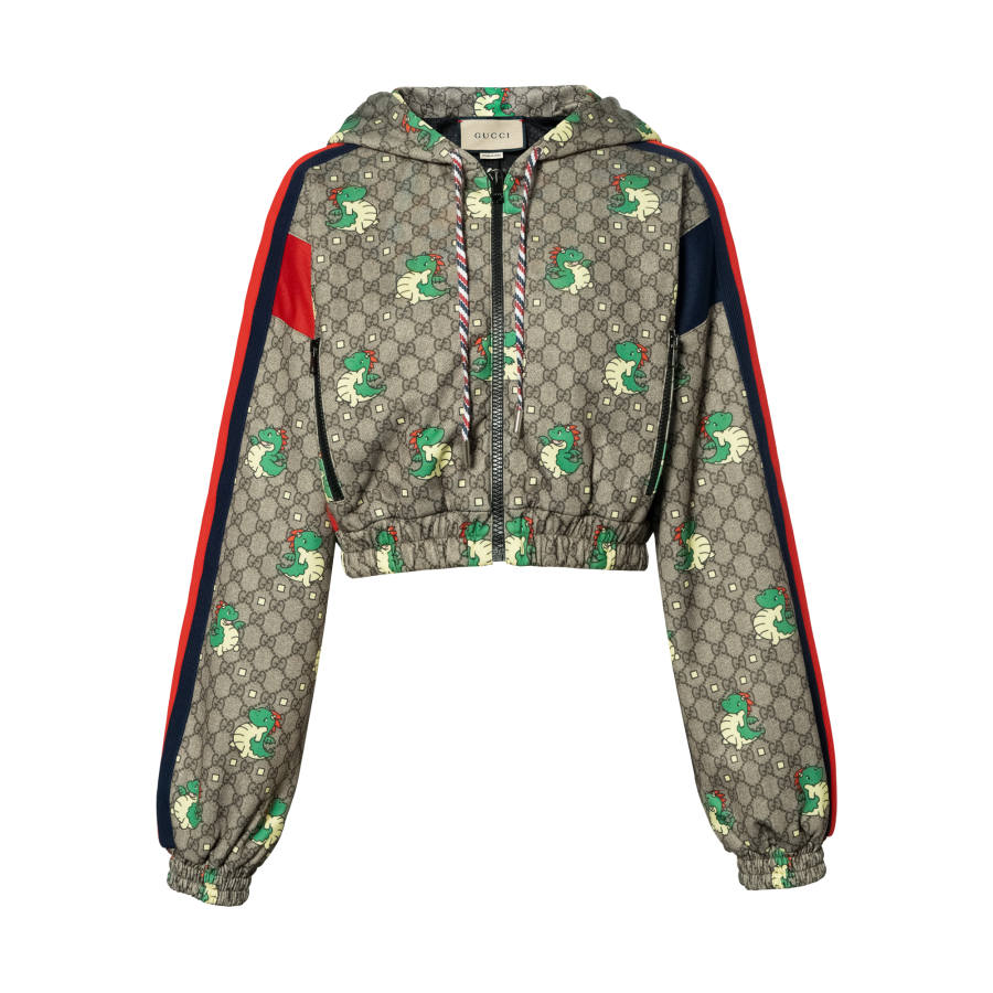 GUCCI Dragon Print Cropped Jersey Jacket Women's Ebony