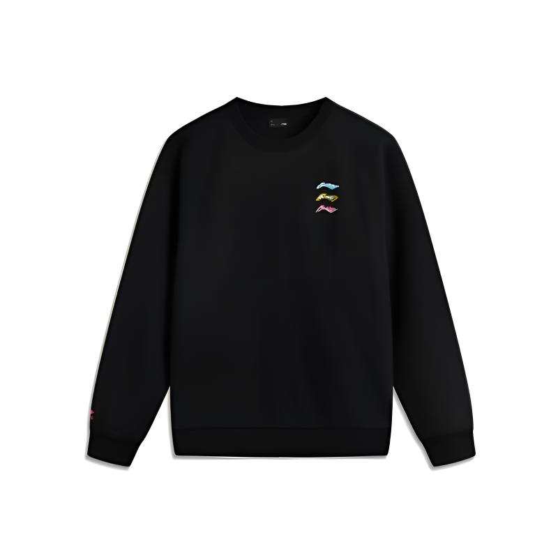 Li-Ning Li Ning Logo Print Trendy Cotton Breathable Loose Fit Fleece Lined Crew Neck Pullover Sweatshirt Unisex Black