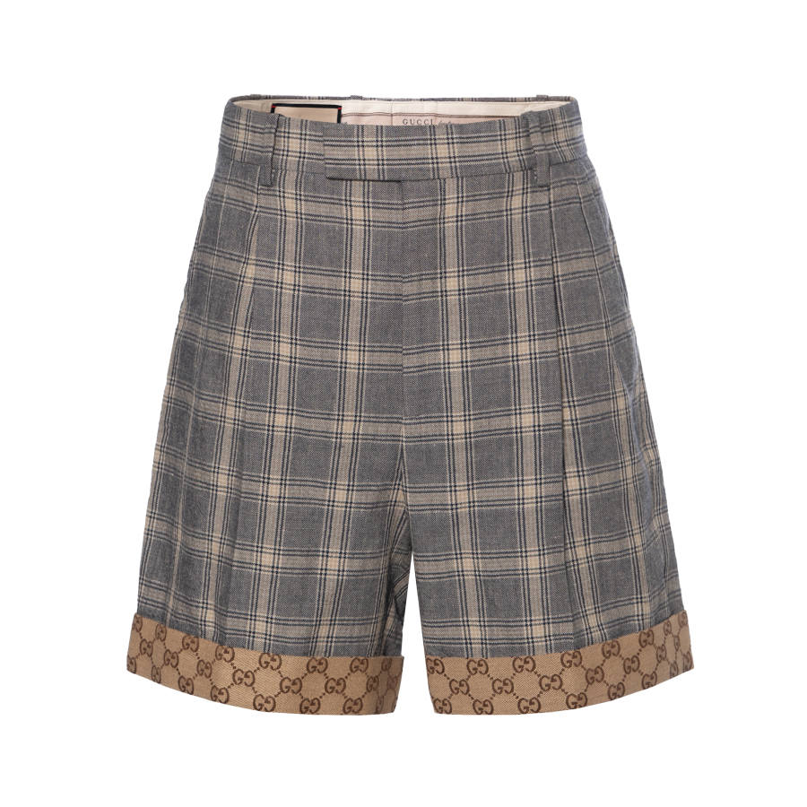GUCCI Plaid Printed Linen And Wool Shorts Grey