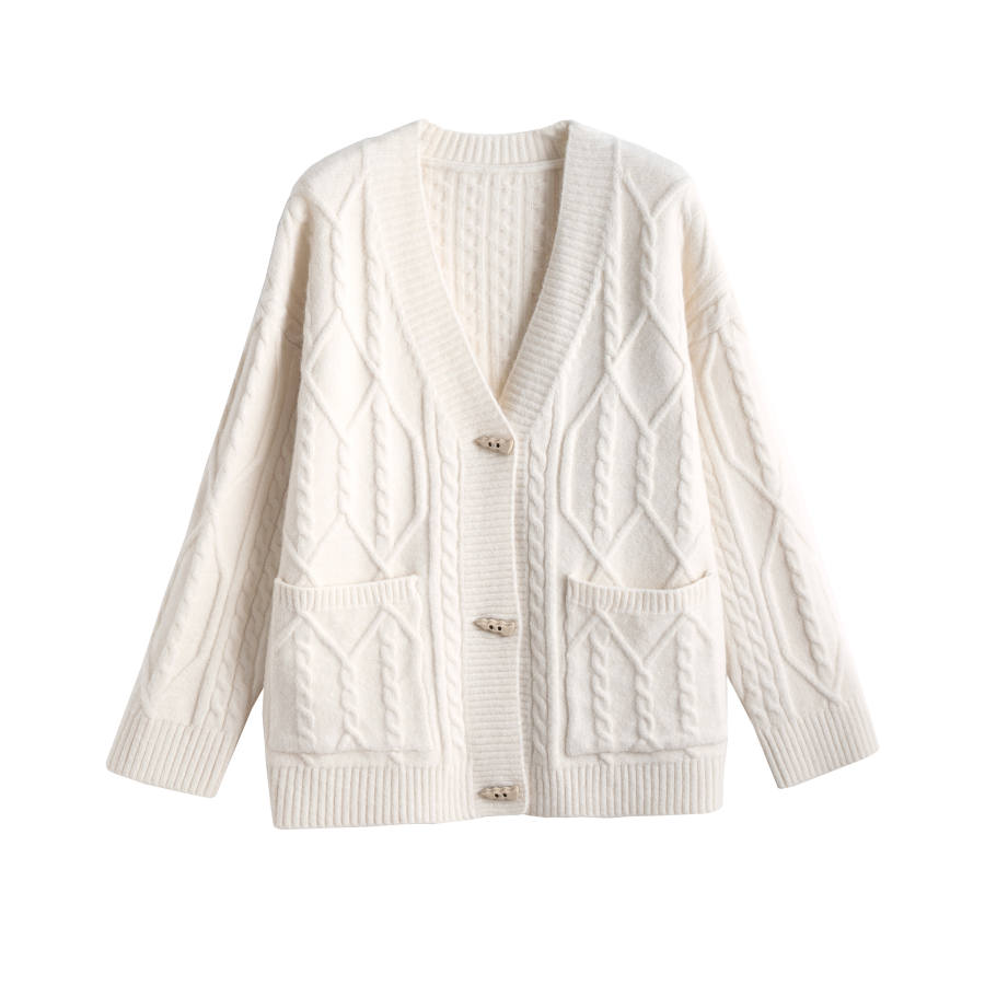 Tonlion Knitwear Women's Beige Apricot V Neck Moderate Cardigan