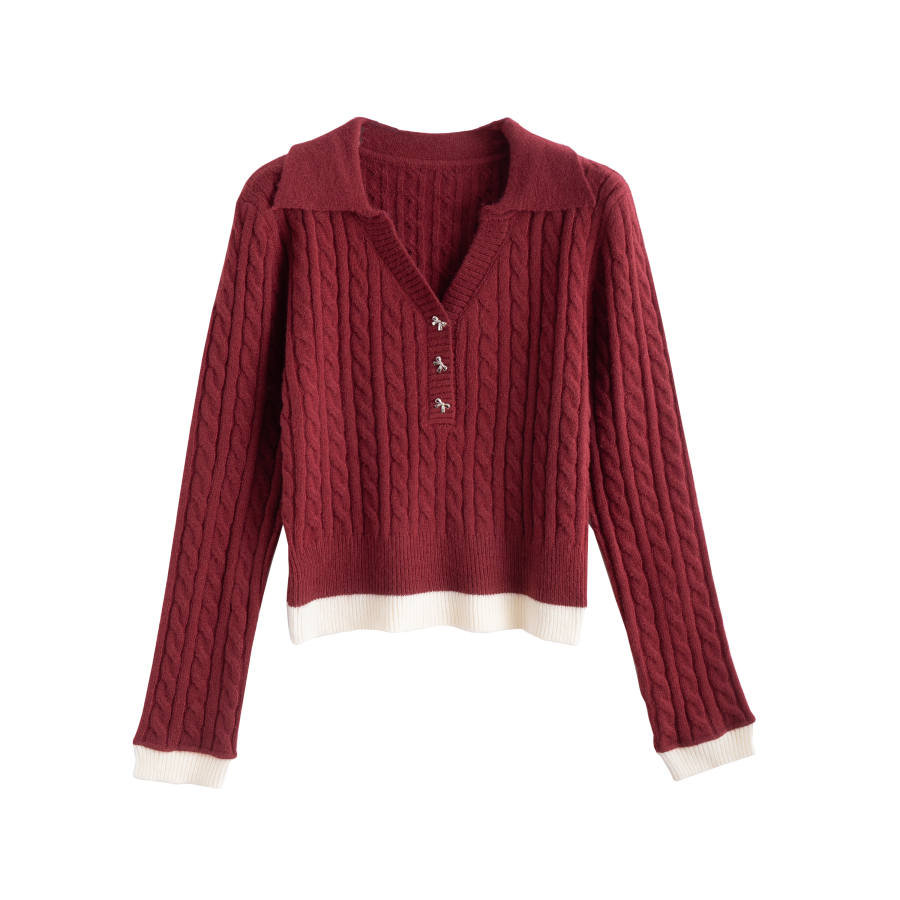 Tonlion Knitwear Women's Dark Red Lapel Moderate
