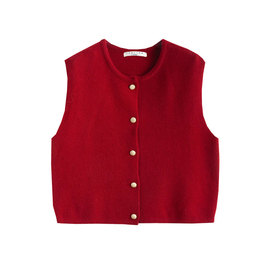 Tonlion Knitwear Women's Red Crew Neck Moderate Cardigan