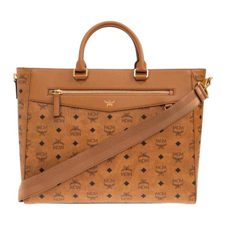 MCM MCM Visetos Canvas, Textile, Artificial Leather Handbag Large Unisex Cognac