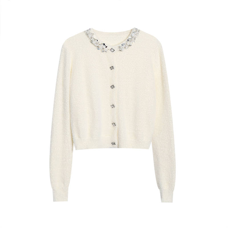 Tonlion Knitwear Women's White Crew Neck Moderate Cardigan