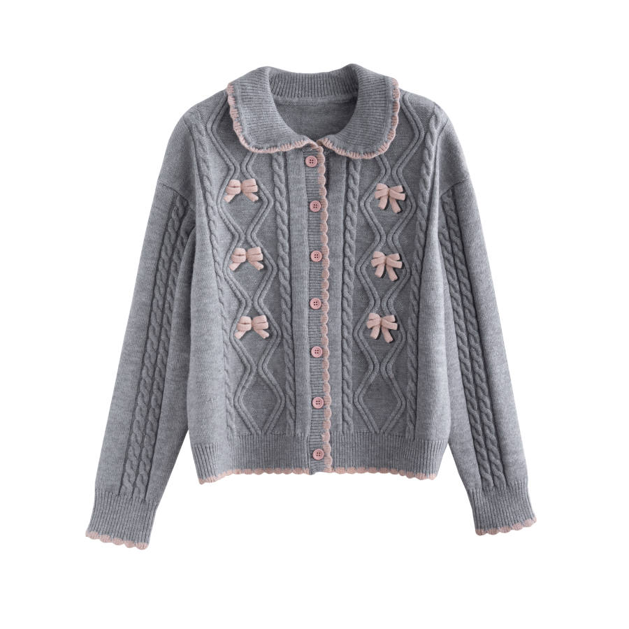 Tonlion Knitwear Women's Gray Tone Lapel Moderate Cardigan