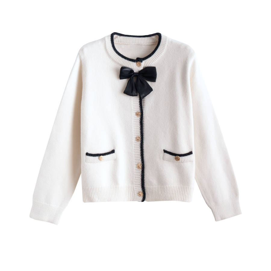 Tonlion Knitwear Women's White Tone Crew Neck Moderate Cardigan