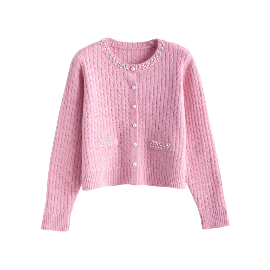 Tonlion Knitwear Women's Pink Crew Neck Moderate Cardigan