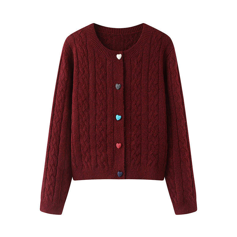 Tonlion Sweaters Women's Dark Burgundy Crew Neck Moderate Cardigan