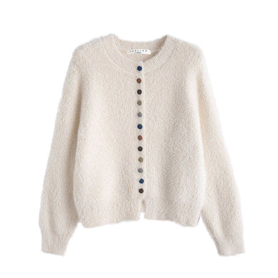 Tonlion Knitwear Women's Beige Apricot Crew Neck Moderate Cardigan