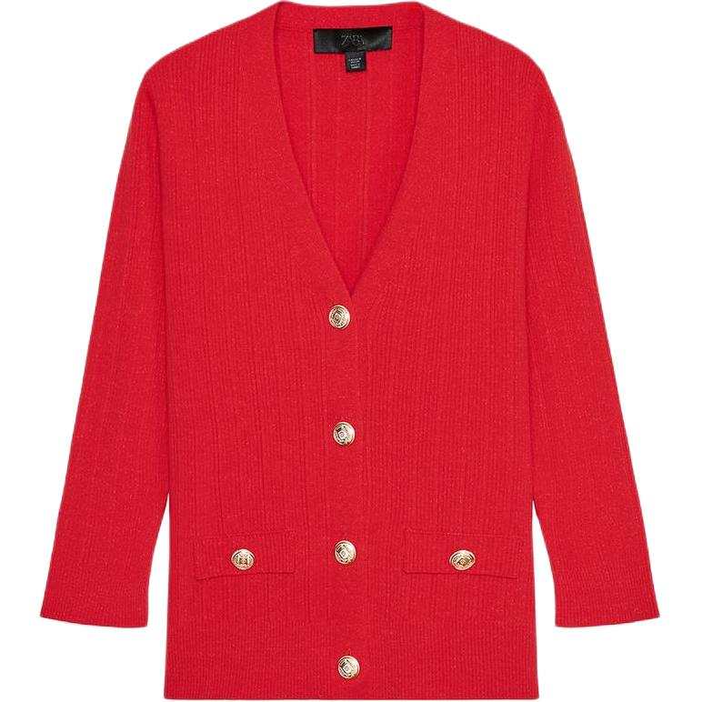 ZARA Knitwear Women's Red V Neck Moderate Cardigan