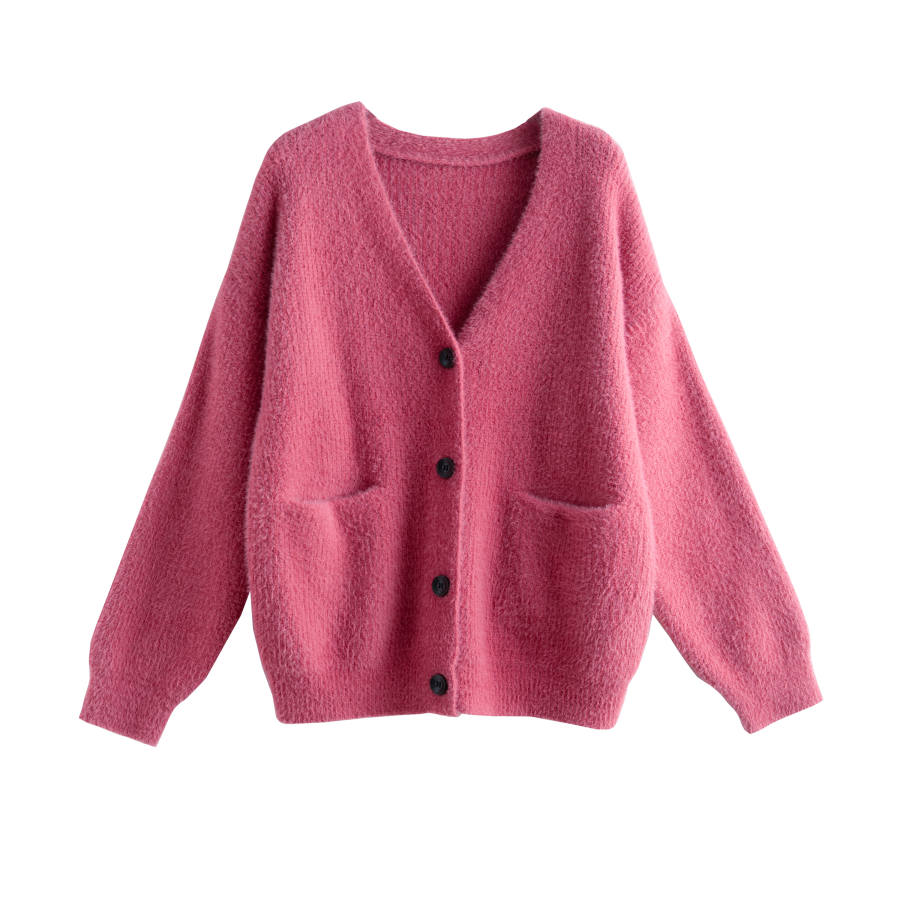 Tonlion Knitwear Women's Rose Red V Neck Moderate Cardigan