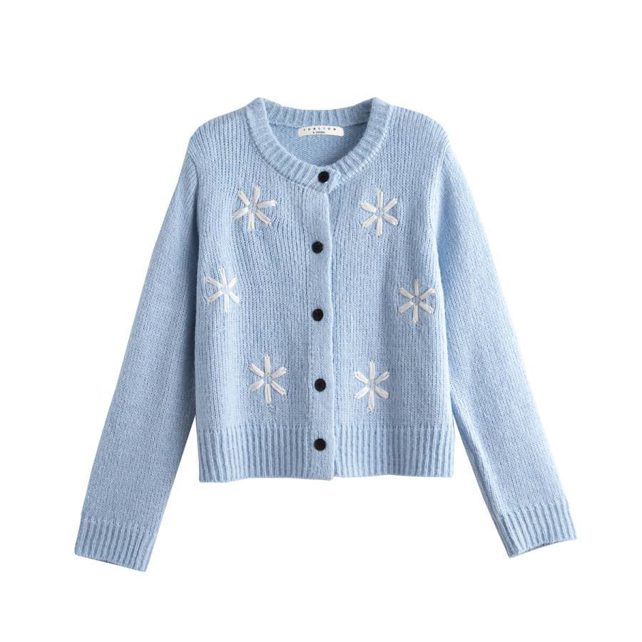 Tonlion Knitwear Women's Light Blue Crew Neck Moderate Cardigan