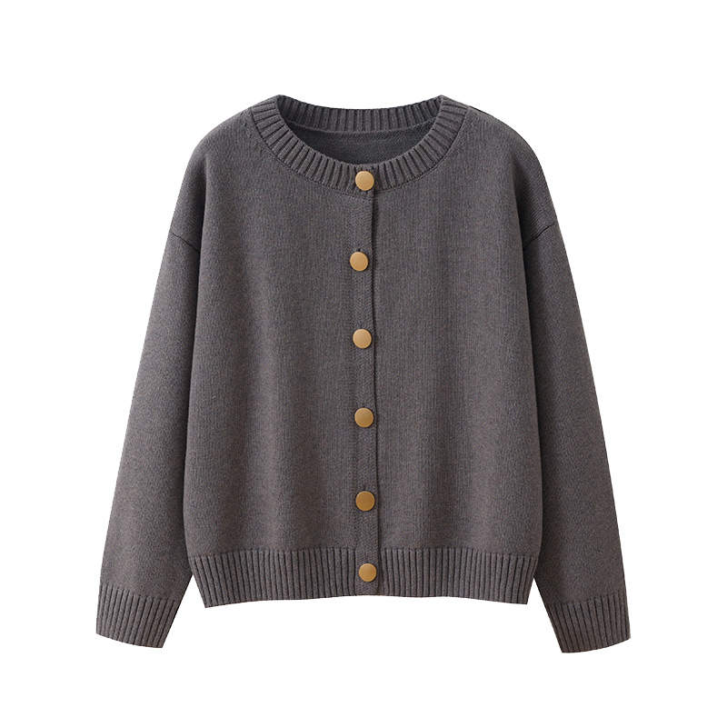 Tonlion Knitwear Women's Dark Heather Gray Crew Neck Moderate Cardigan