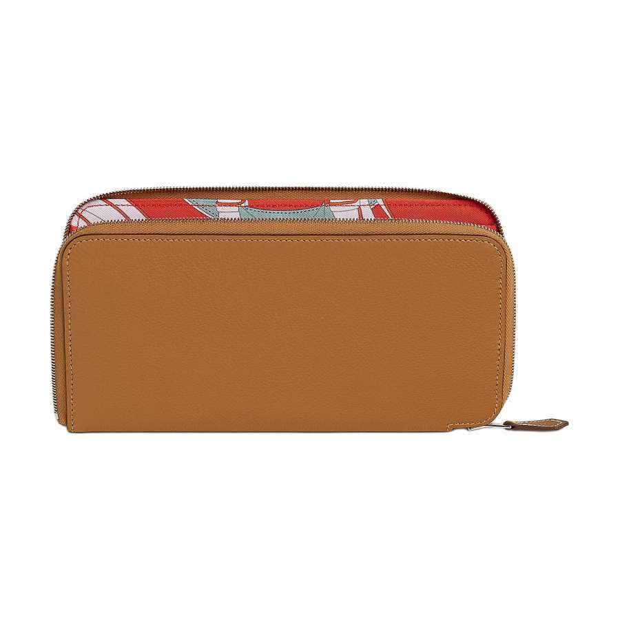 HERMES Silk'In Evercolor & Barenia Calfskin Wallet Women's Gold & Orange & Mecano & Turquoise