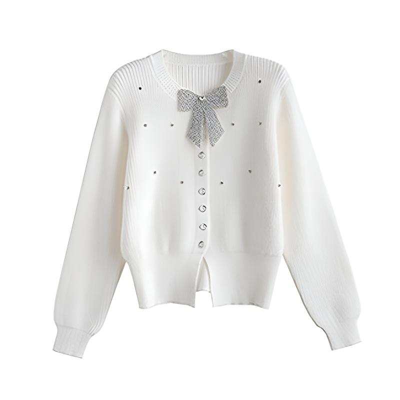 Tonlion Knitwear Women's Ecru Crew Neck Moderate Cardigan