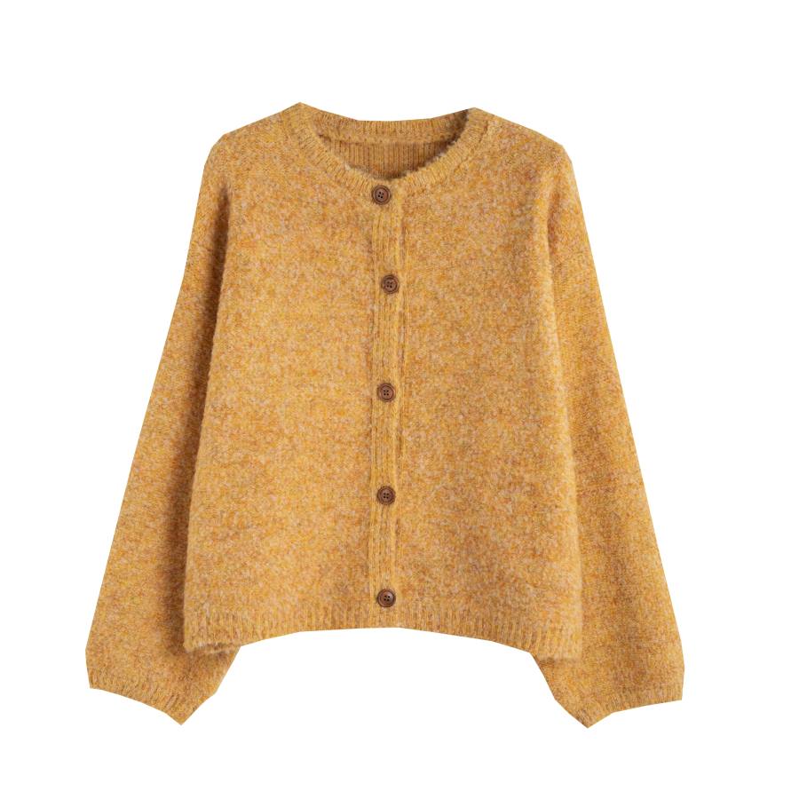 Tonlion Knitwear Women's Antumn Leaves Yellow Crew Neck Moderate Cardigan