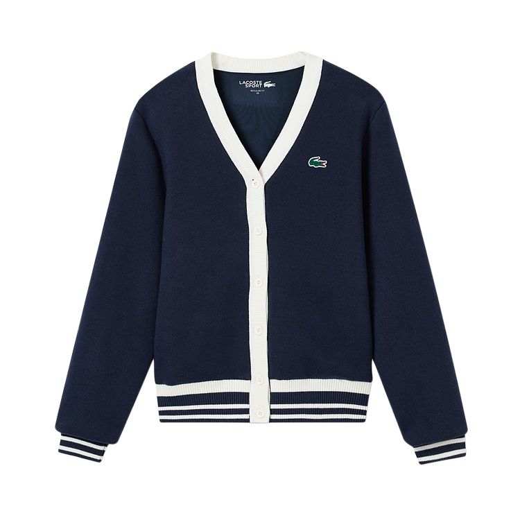 LACOSTE Knitwear Women's HHW/Navy Blue/White Multicolor V Neck Moderate Cardigan