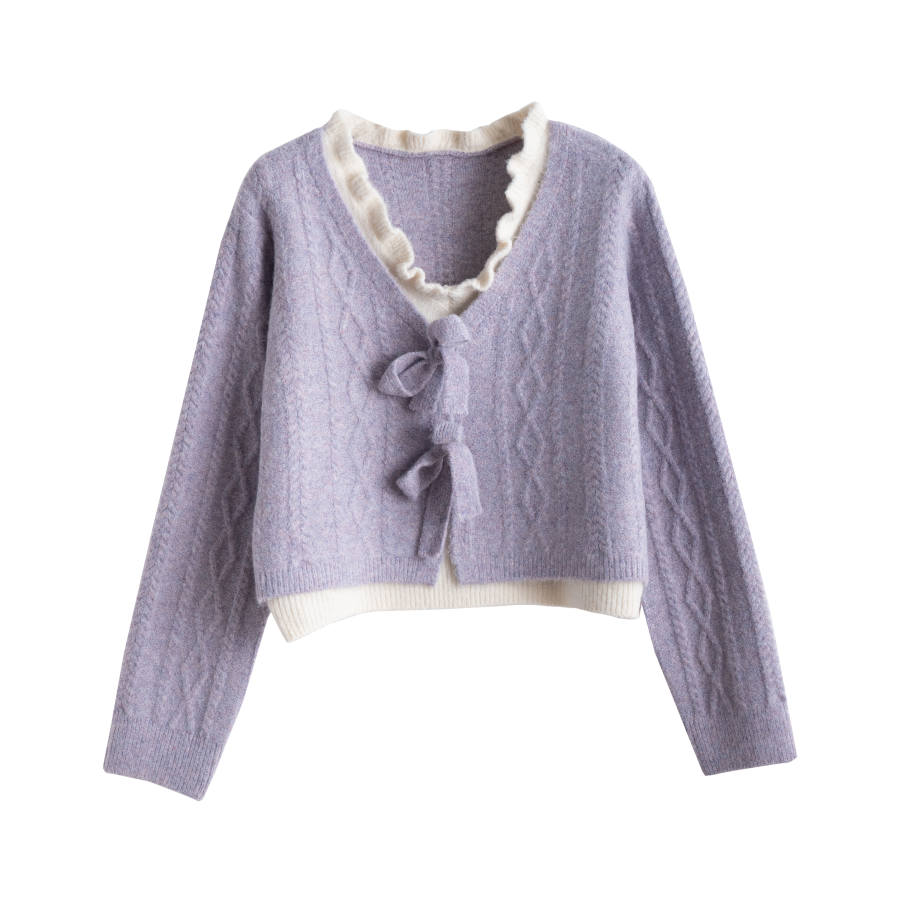 Tonlion Sweaters Women's Light Purple V Neck Moderate Mock Two Piece
