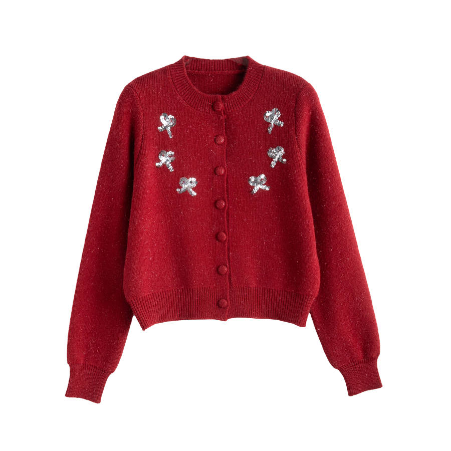 Tonlion Knitwear Women's Dark Red Crew Neck Moderate Cardigan