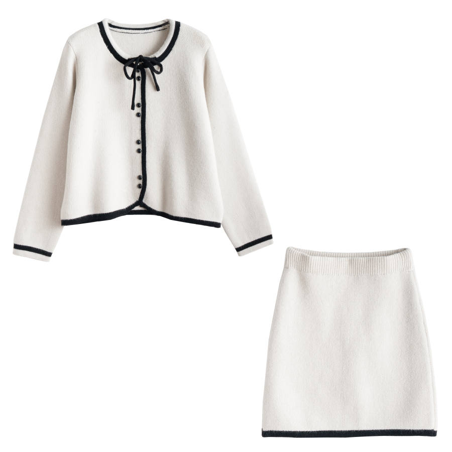 Tonlion Two Piece Skirt Sets Women's Apricot Gray Crew Neck Moderate Short