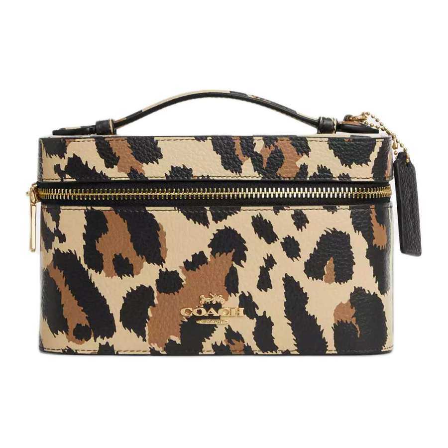 COACH Cosmetic Pebbled Leather Makeup Bag Women's Leopard Print Gold