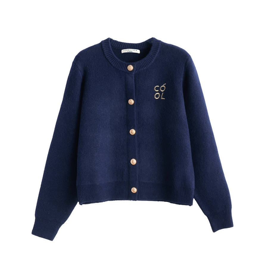 Tonlion Knitwear Women's Navy Blue Crew Neck Moderate Cardigan