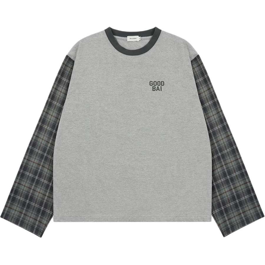 GOOD BAI T Shirts Women's Heather Gray Plaid Crew Neck