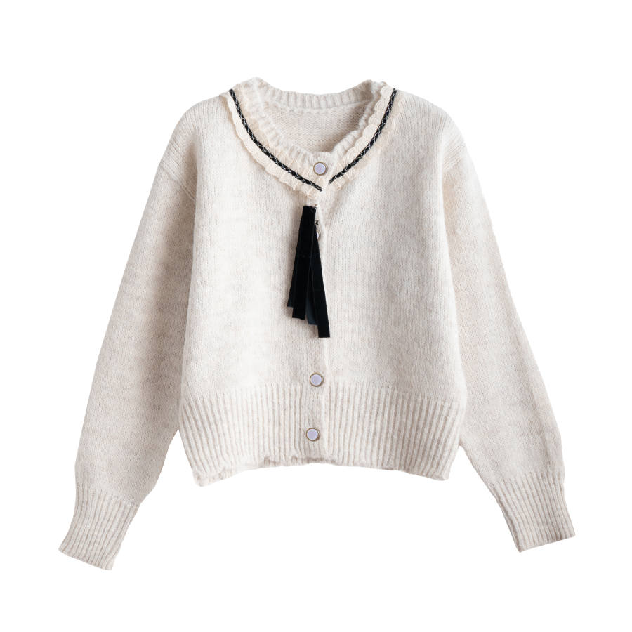 Tonlion Knitwear Women's Beige Apricot Crew Neck Moderate Cardigan