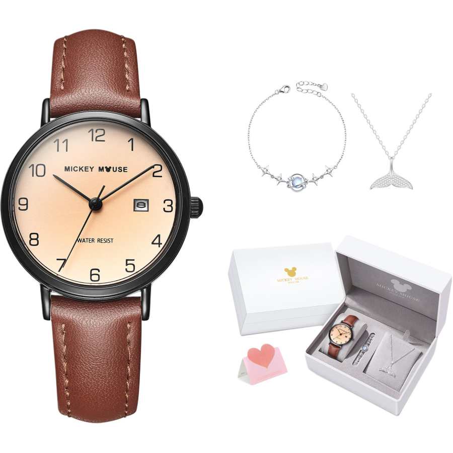 Disney Mickey Mouse Quartz Movement Leather Strap Watch Women's Watch Coffee Watch Dial