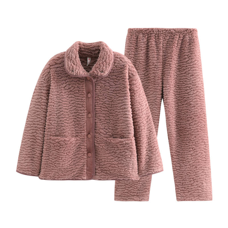 FENTENG Women's University Student Fall Winter Coral Fleece Cardigan Thickened And Fleece Lined Thermal Loungewear
