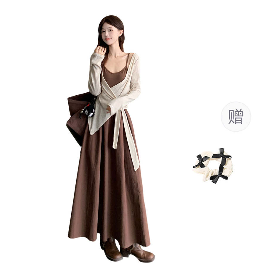CPAURA Two Piece Skirt Sets Women's V Neck Moderate Long