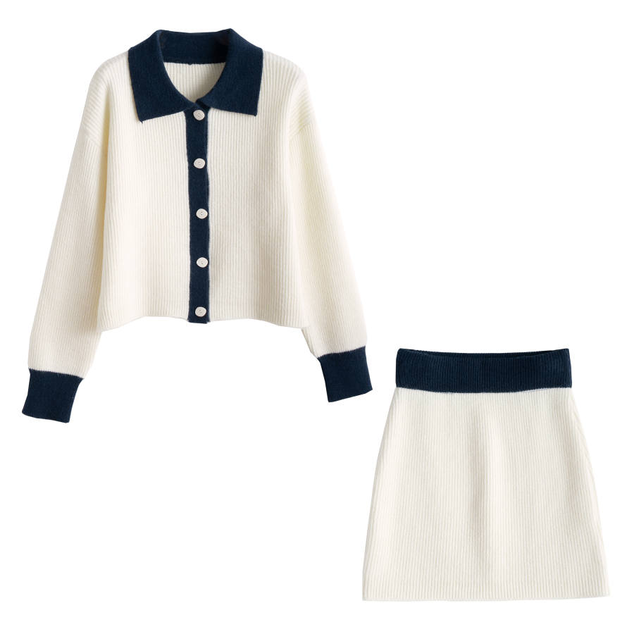 Tonlion Two Piece Skirt Sets Women's White Tone Lapel Moderate Short