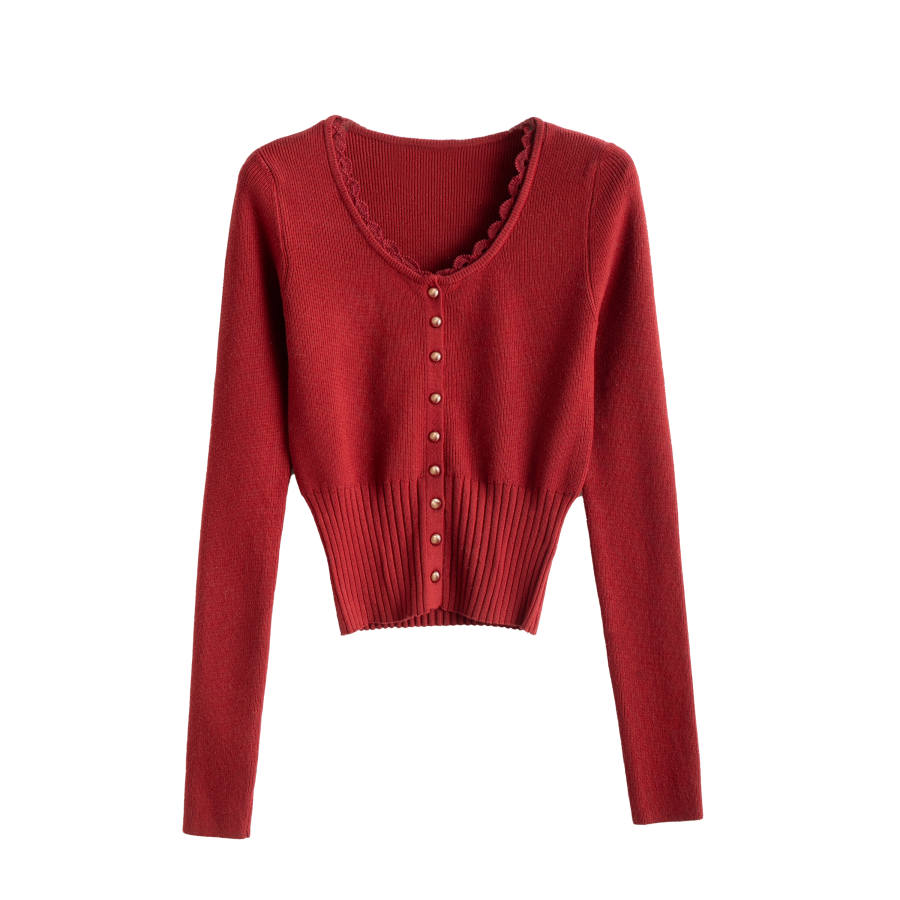 Tonlion Knitwear Women's Dark Red Crew Neck Moderate Cardigan