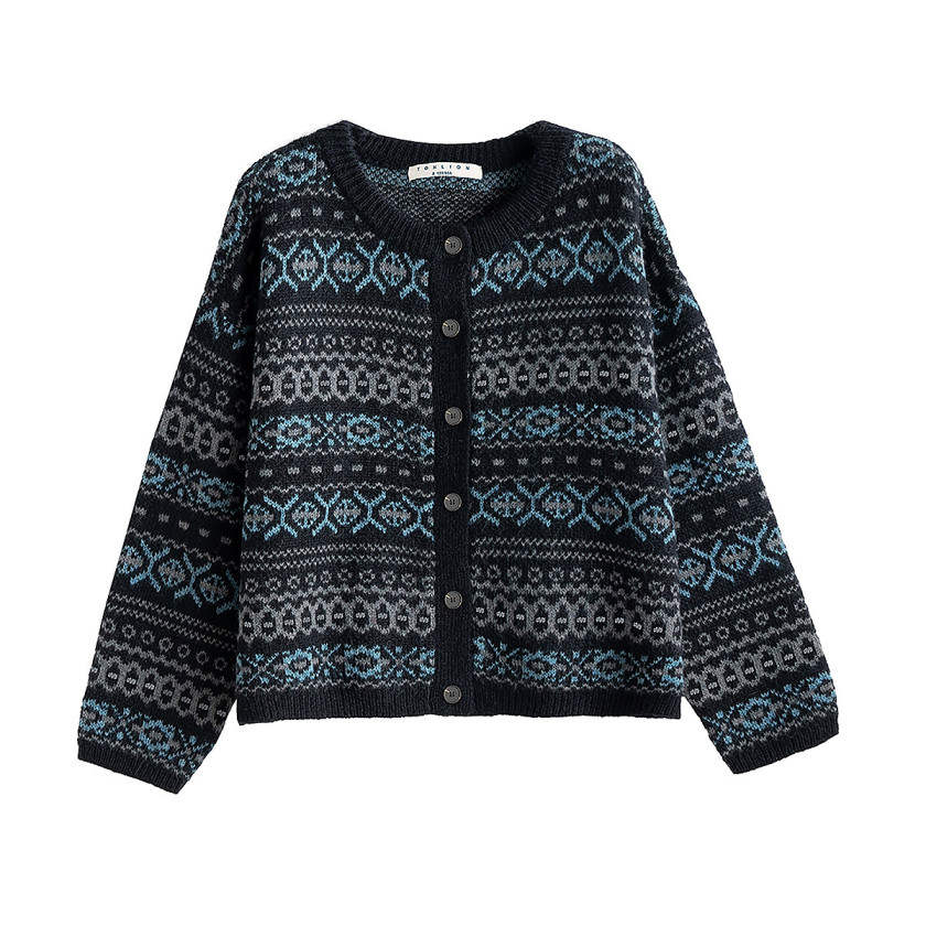 Tonlion Knitwear Women's Black Tone Crew Neck Moderate Cardigan